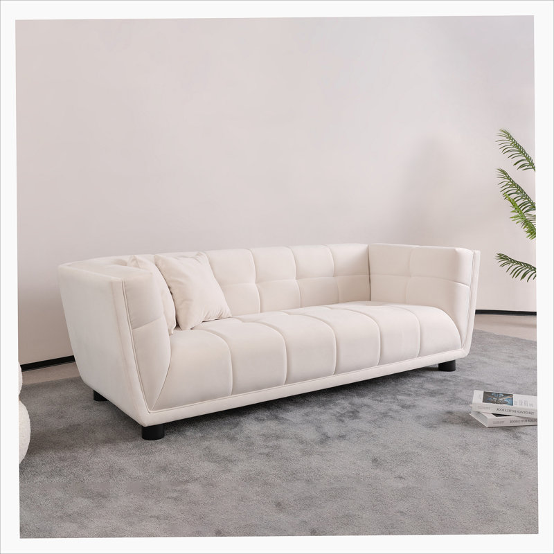 Mid Century Modern Style Simple White Sofa Small Square Design Velvet Fabric Texture Smooth Everly Quinn Upholstery Color White